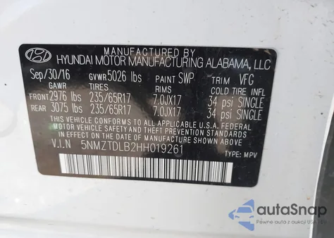 2017 Hyundai Santa Fe Sport 2.4L from USA, damaged, VIN 5NMZTDLB2HH019261